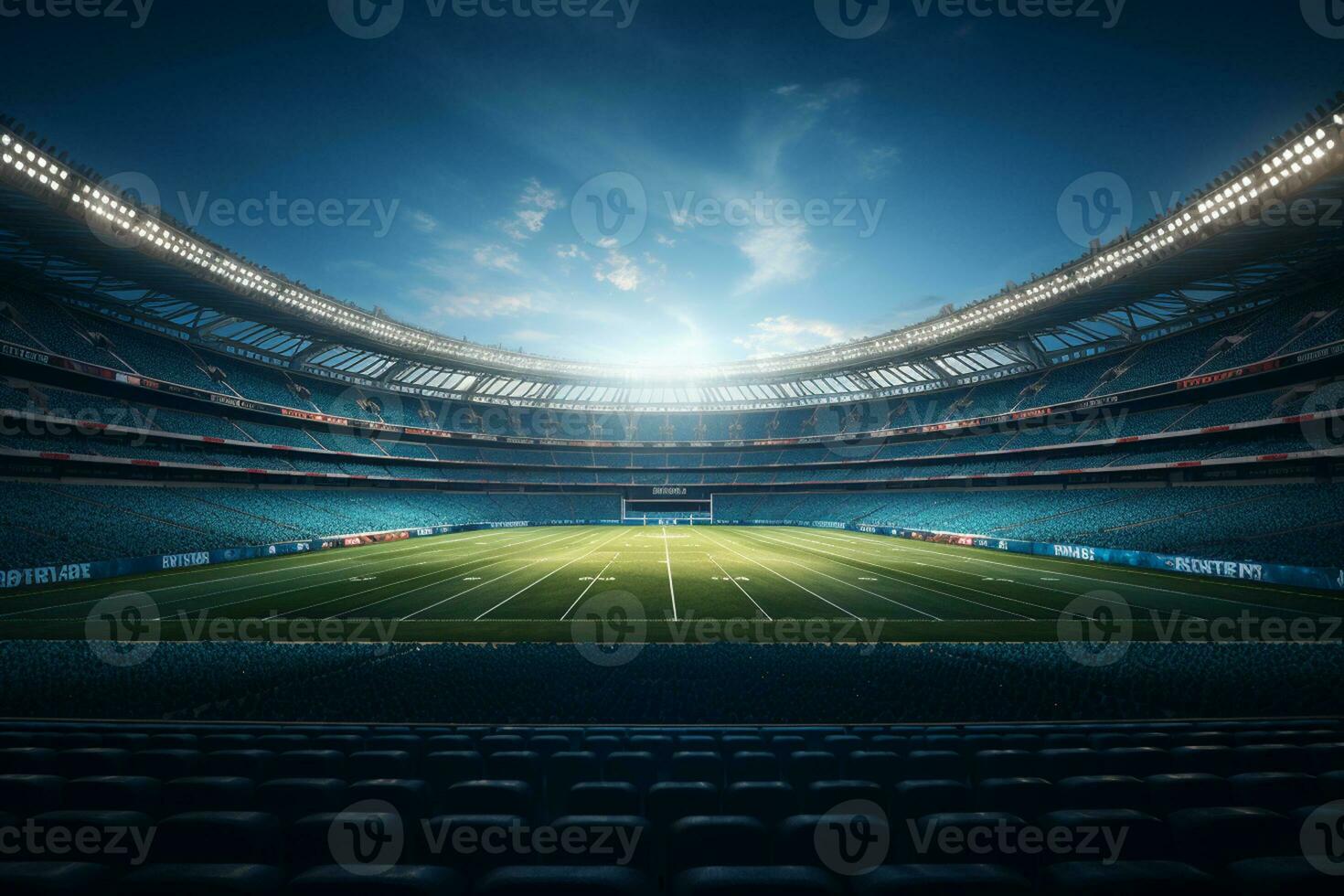 Soccer stadium at night with lights and flares. 3D rendering Ai Generated photo