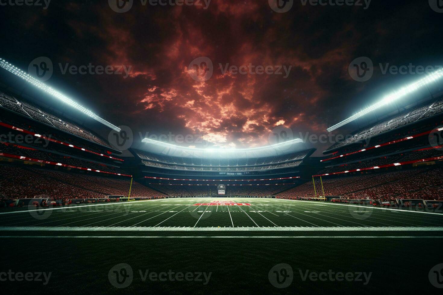 Soccer stadium at night with lights and flares. 3D rendering Ai Generated photo