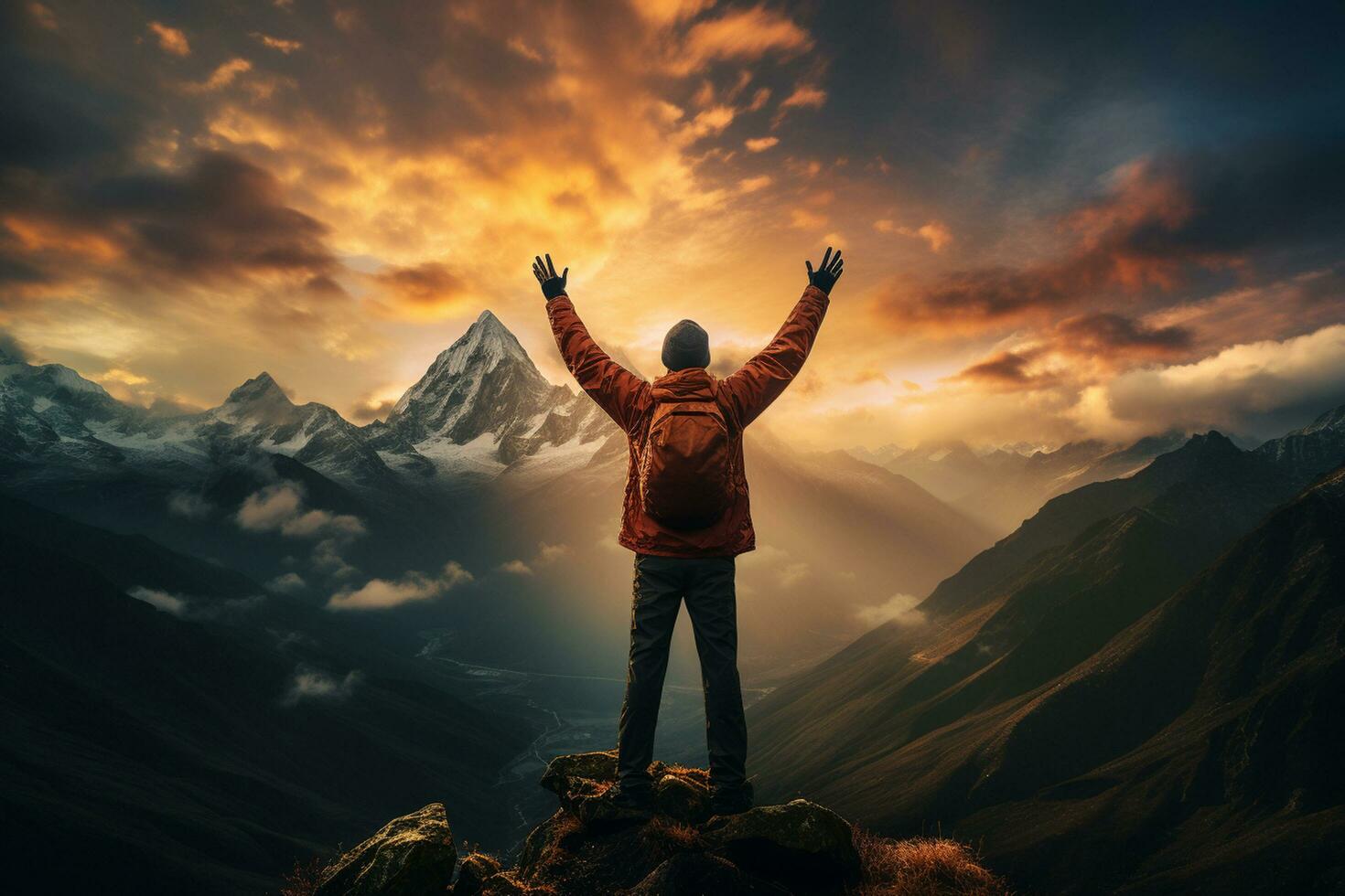 Hiker with arms raised on the top of a mountain peak. Ai Generated photo