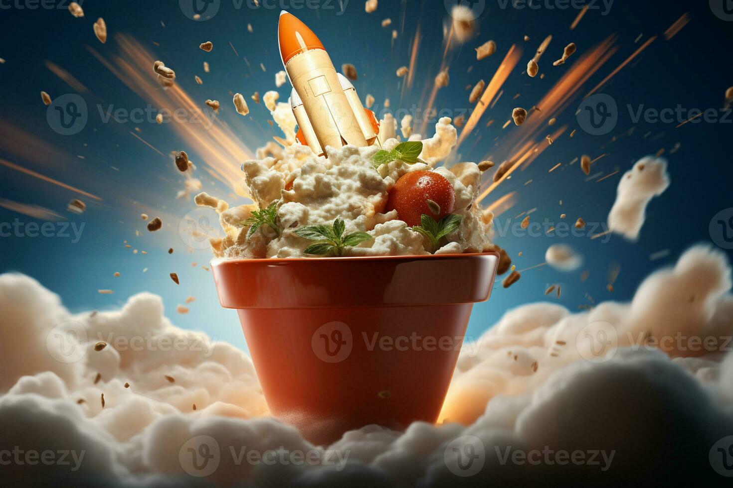 Falling popcorn in a bucket with a rocket flying above it. Ai Generated photo