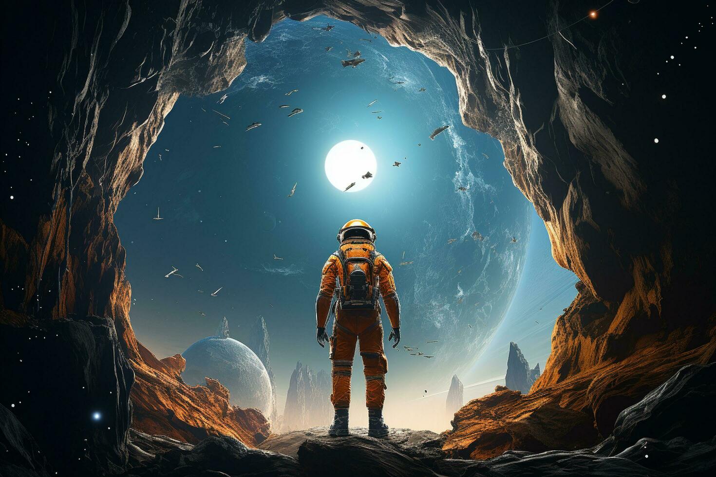 astronauta en un extraterrestre cueva. mezclado medios de comunicación. mezclado medios de comunicación ai generado foto