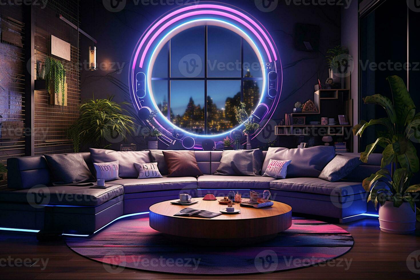 Modern interior of living room. with neon light. 3D rendering. 3D illustration. Ai Generated photo