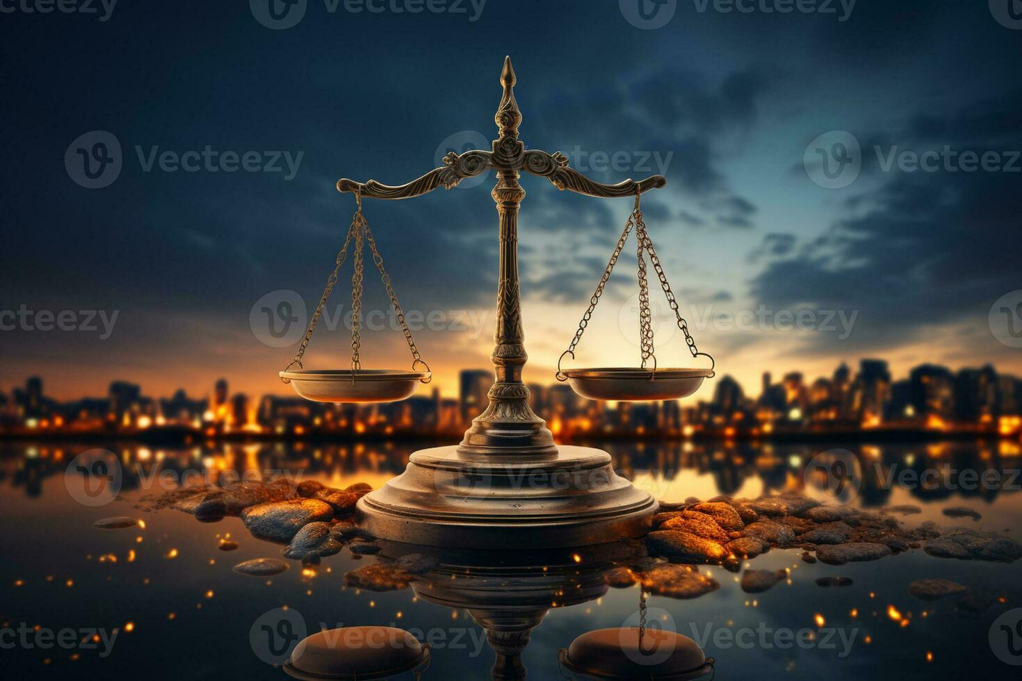 justice and law concept. scales of justice on the background of the city Ai Generated photo