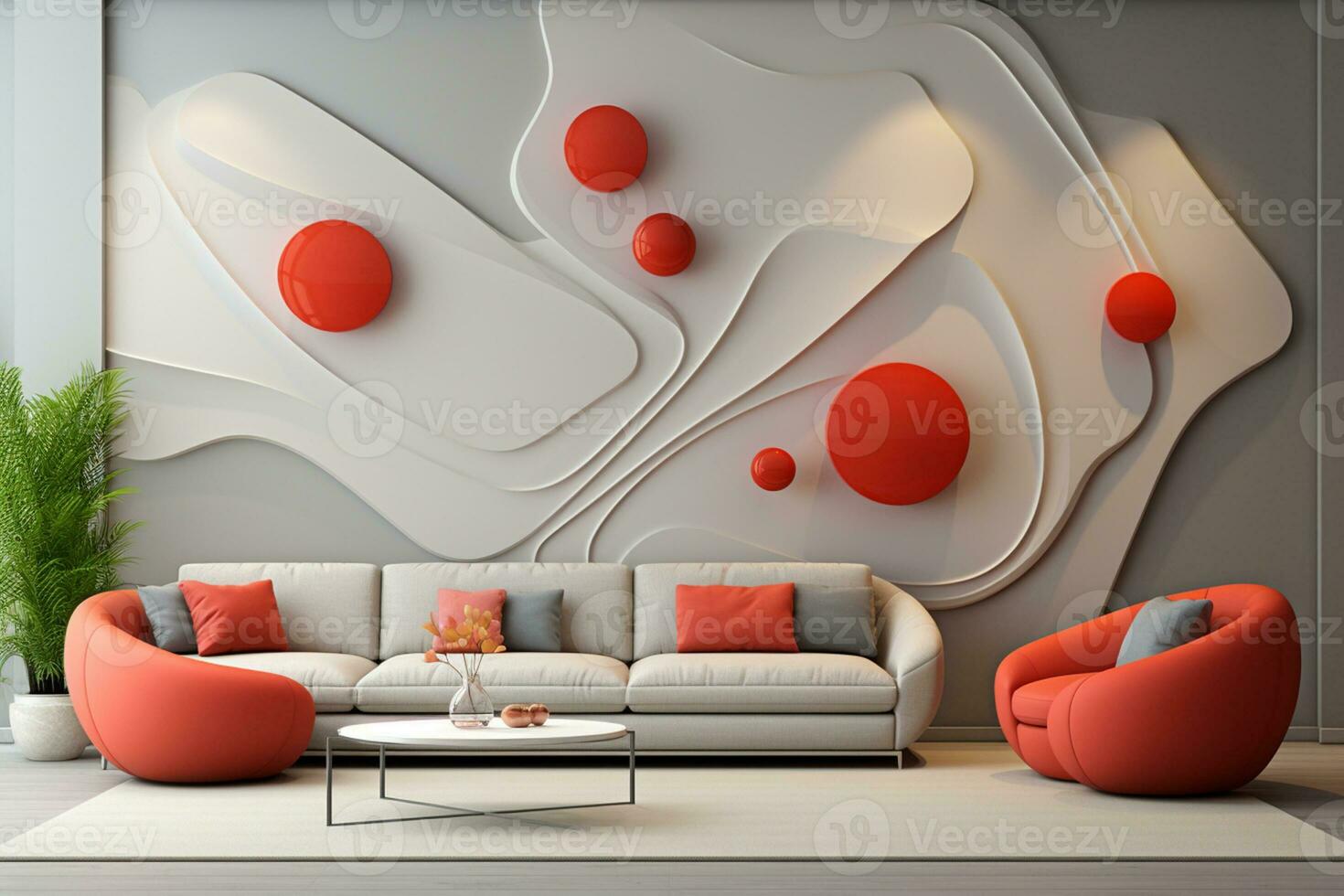 Modern bright interiors 3D rendering illustration with white leather sofa Ai Generated photo