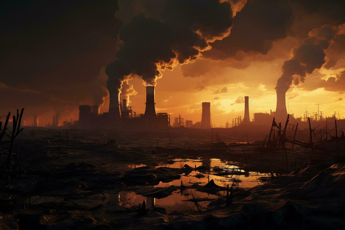 Factory polluting environment. Global warming concept. 3D Rendering Ai Generated photo