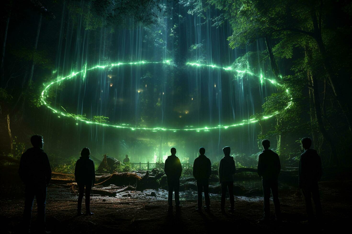 Silhouette of a group of people in front of a big circle of light Ai Generated photo