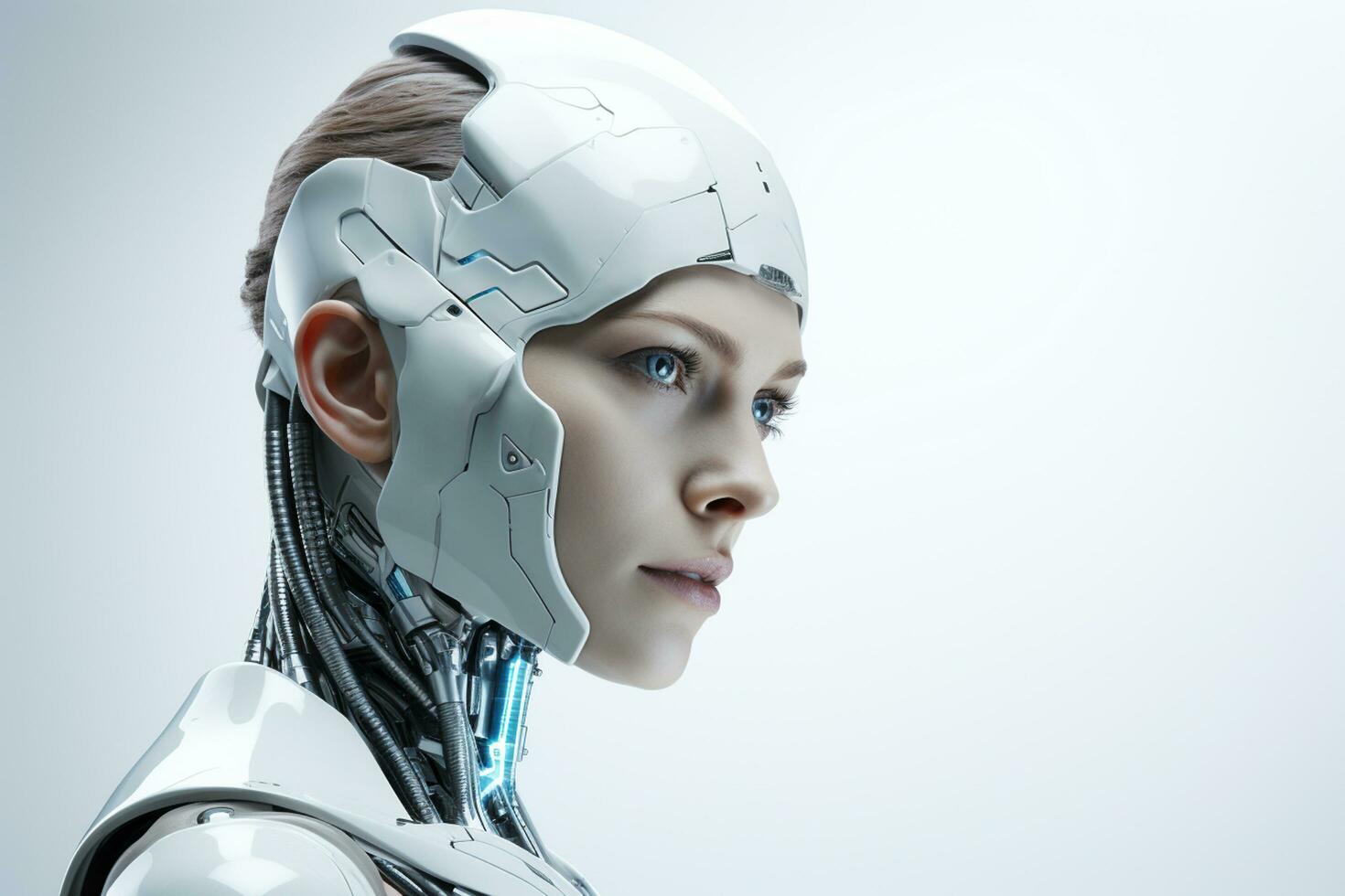 Side view of female cyborg in futuristic space suit looking away. 3D rendering Ai Generated photo