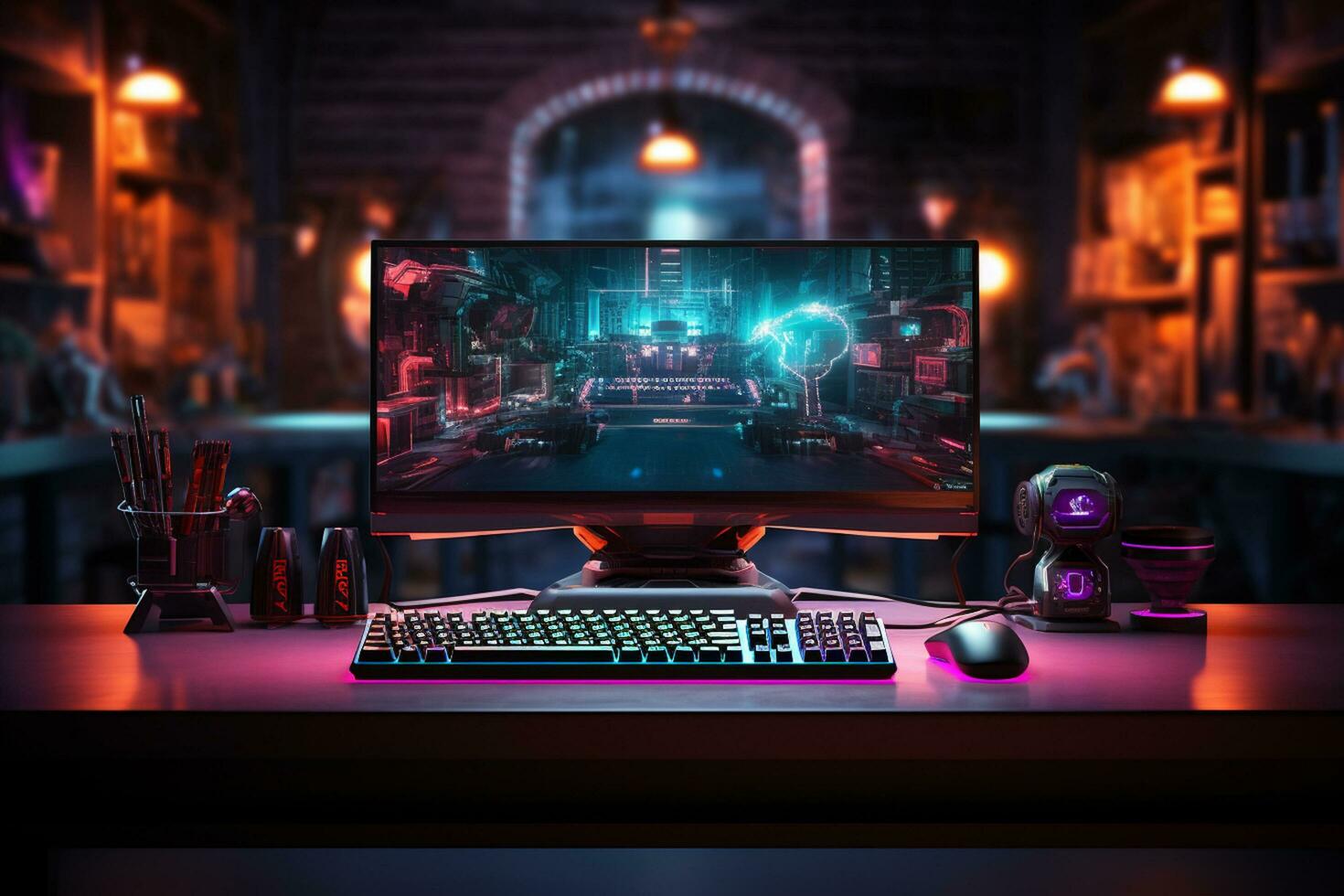 Cyberpunk gamer workspace with personal computer and gaming accessories. 3D Rendering Ai Generated photo