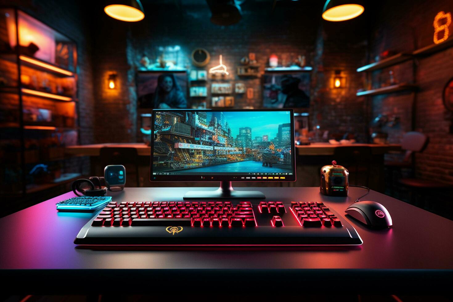 Cyberpunk gamer workspace with personal computer and gaming accessories. 3D Rendering Ai Generated photo