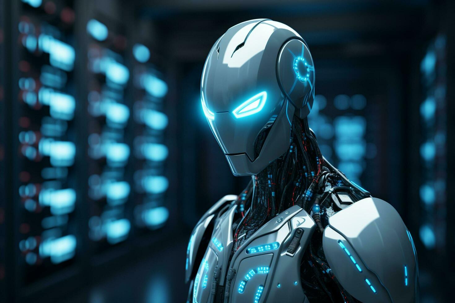 3d rendering humanoid robot or cyber man with computer monitor on background Ai Generated photo