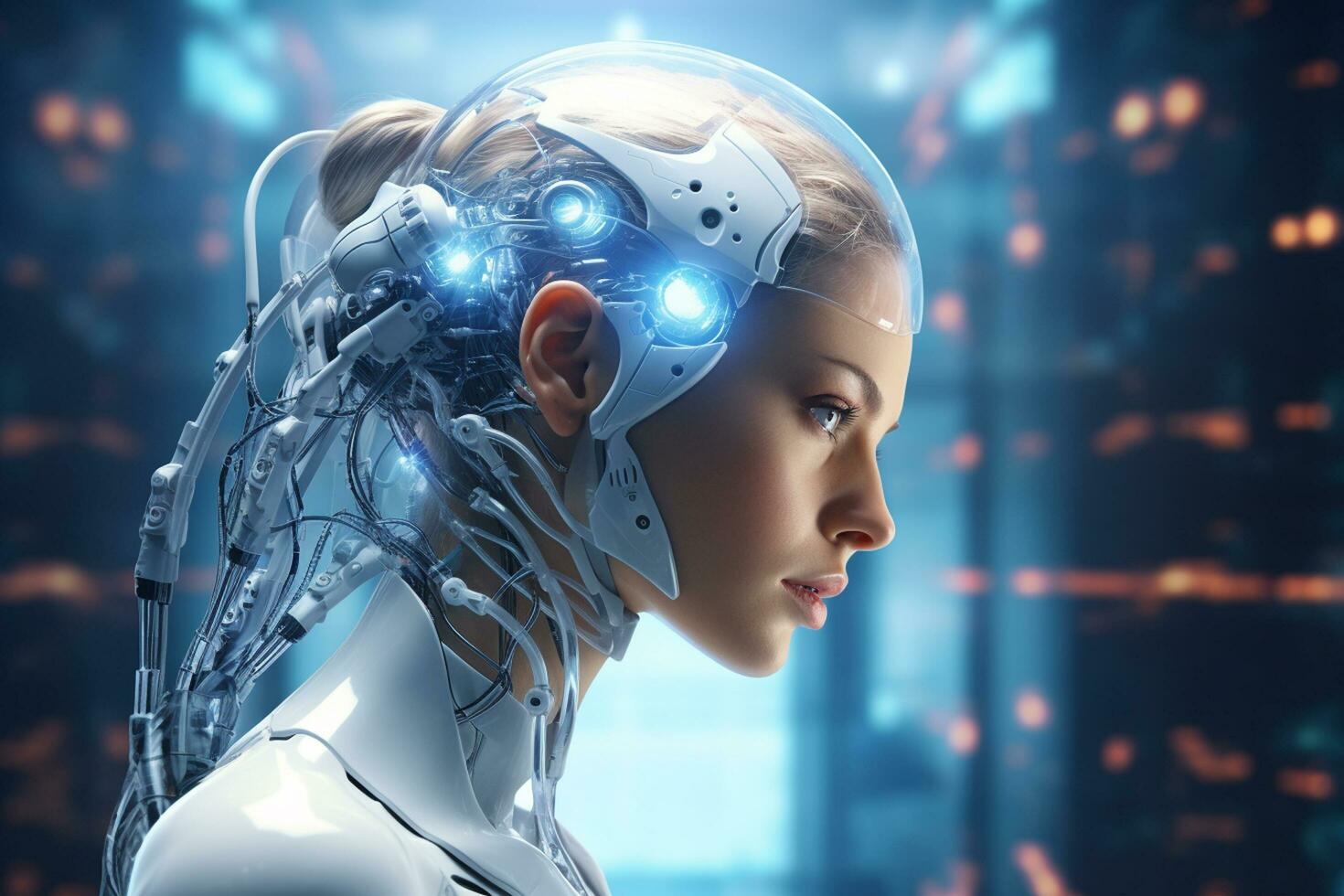 3d rendering female cyborg or robot looking at hologram screen Ai Generated photo