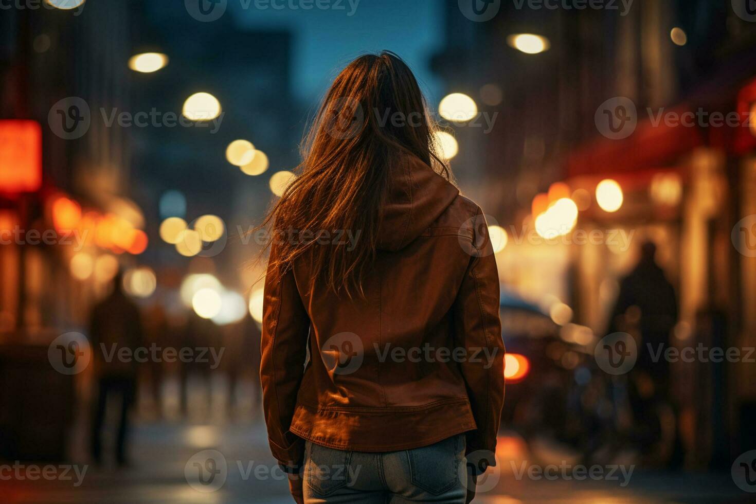 Back view of a young woman in red jacket walking in the city at night Ai Generated photo