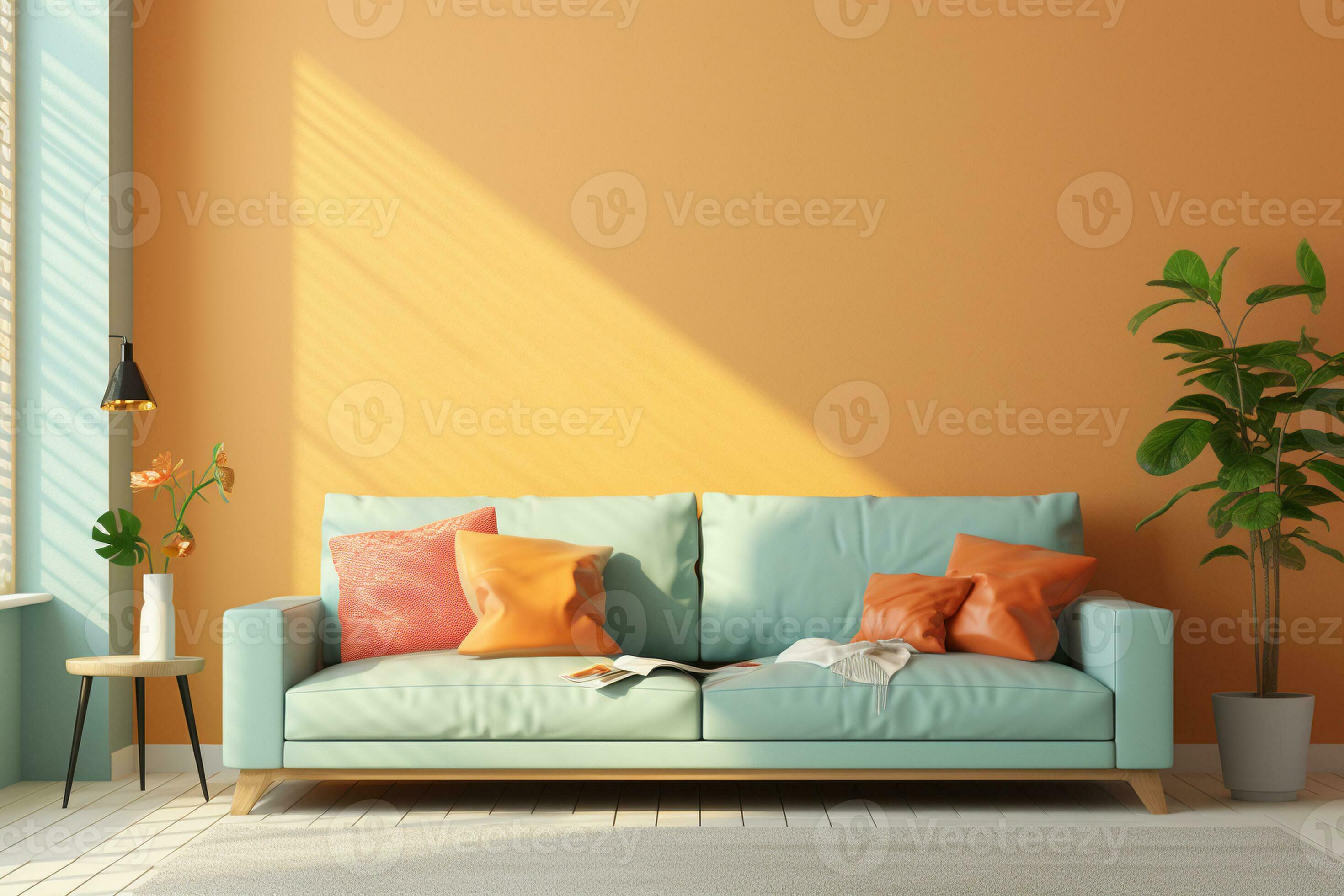 Interior of modern living room with orange walls, wooden floor and