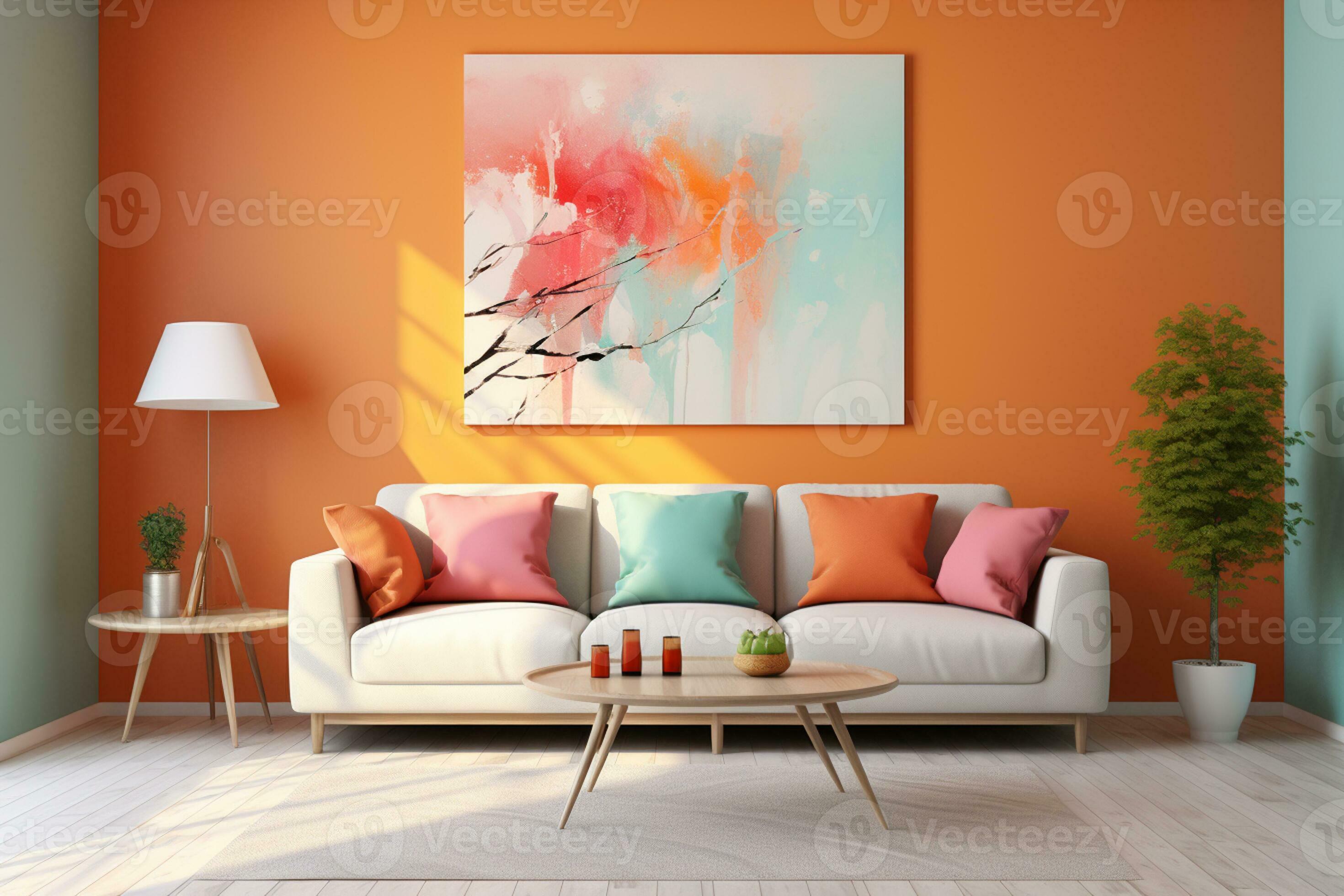 Interior of modern living room with orange walls, wooden floor and