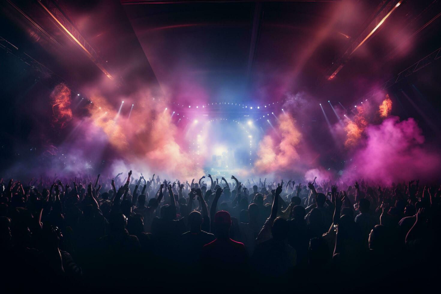 Concert crowd in front of a bright stage with lights and smoke Ai Generated photo