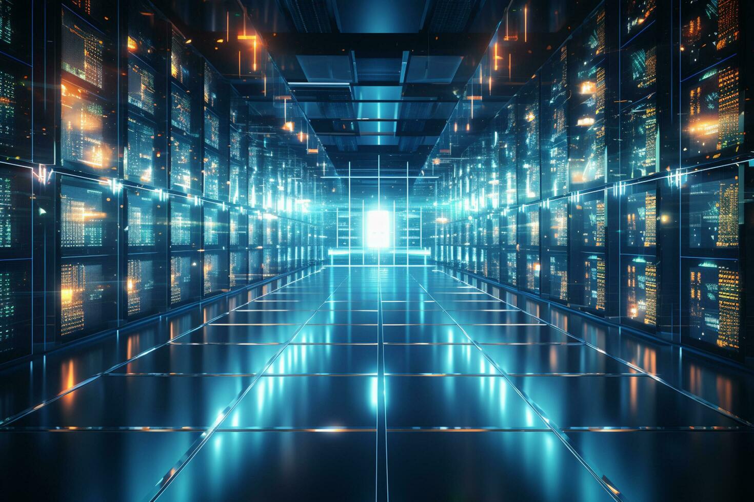 Digital server room data center with rows of hard drives 3d rendering image Ai Generated photo