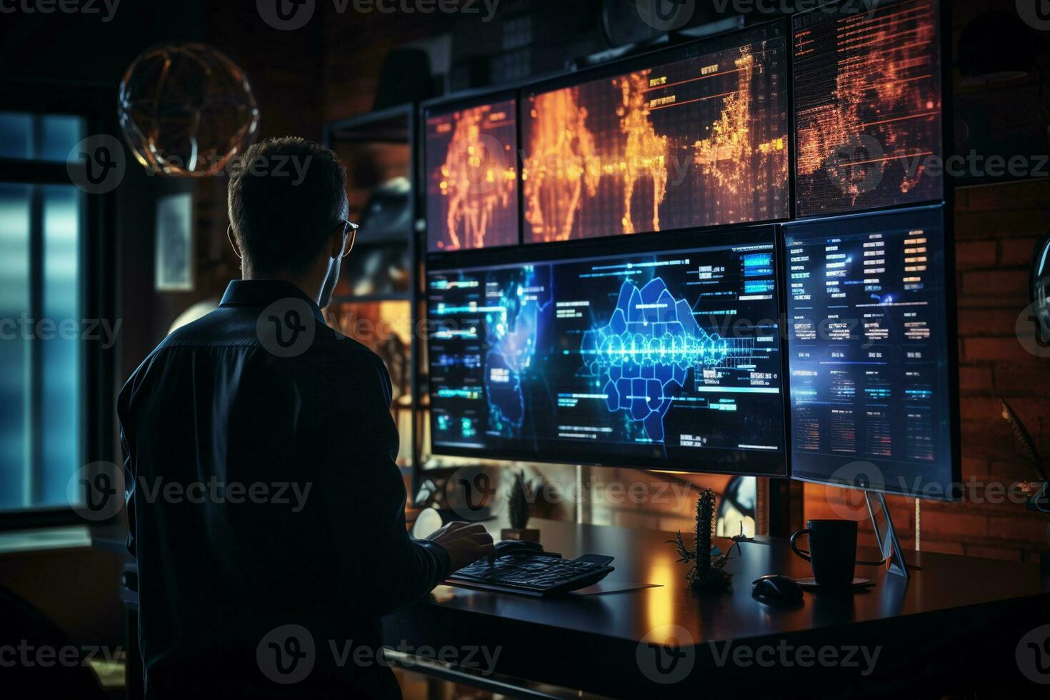 Side view of young caucasian man in eyeglasses using computer while sitting at table in dark office Ai Generated photo