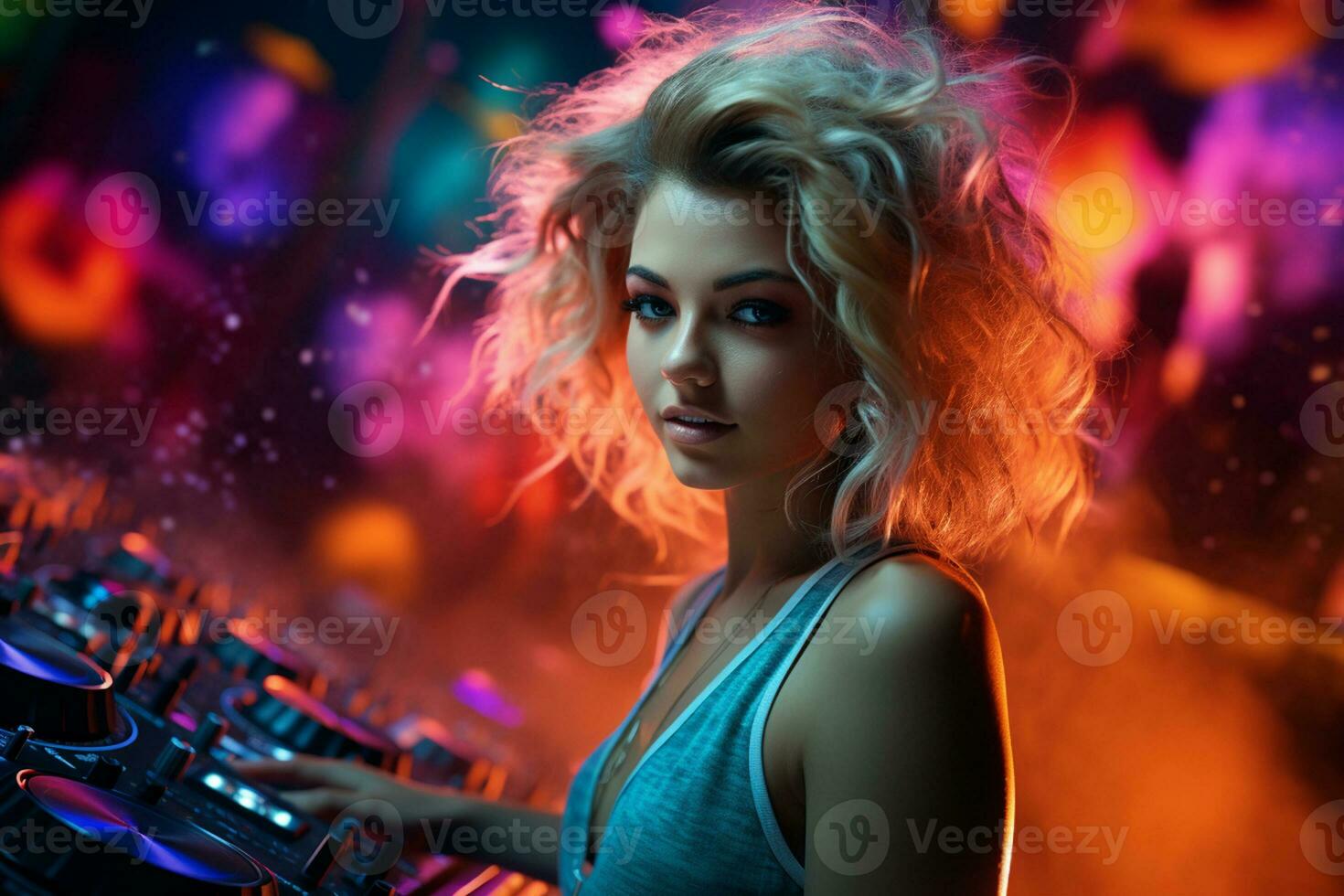 Beautiful girl dj playing music at party with colorful lights on background Ai Generated photo