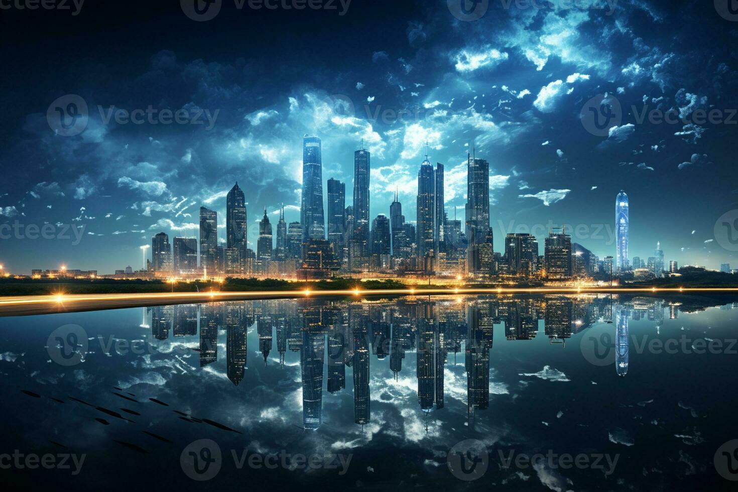 Futuristic city with glowing lights and digital interface. 3D rendering Ai Generated photo