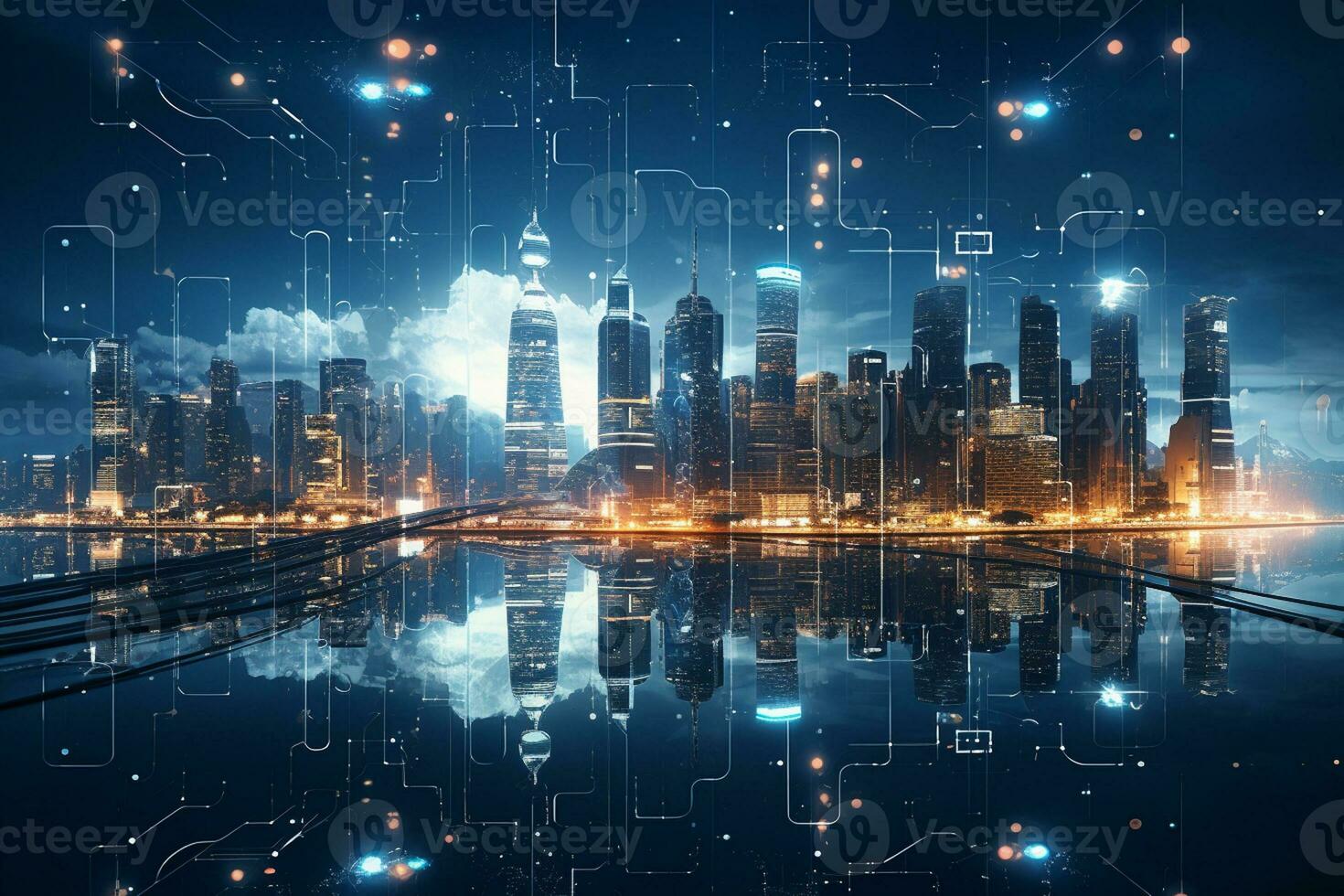 Futuristic city with glowing lights and digital interface. 3D rendering Ai Generated photo