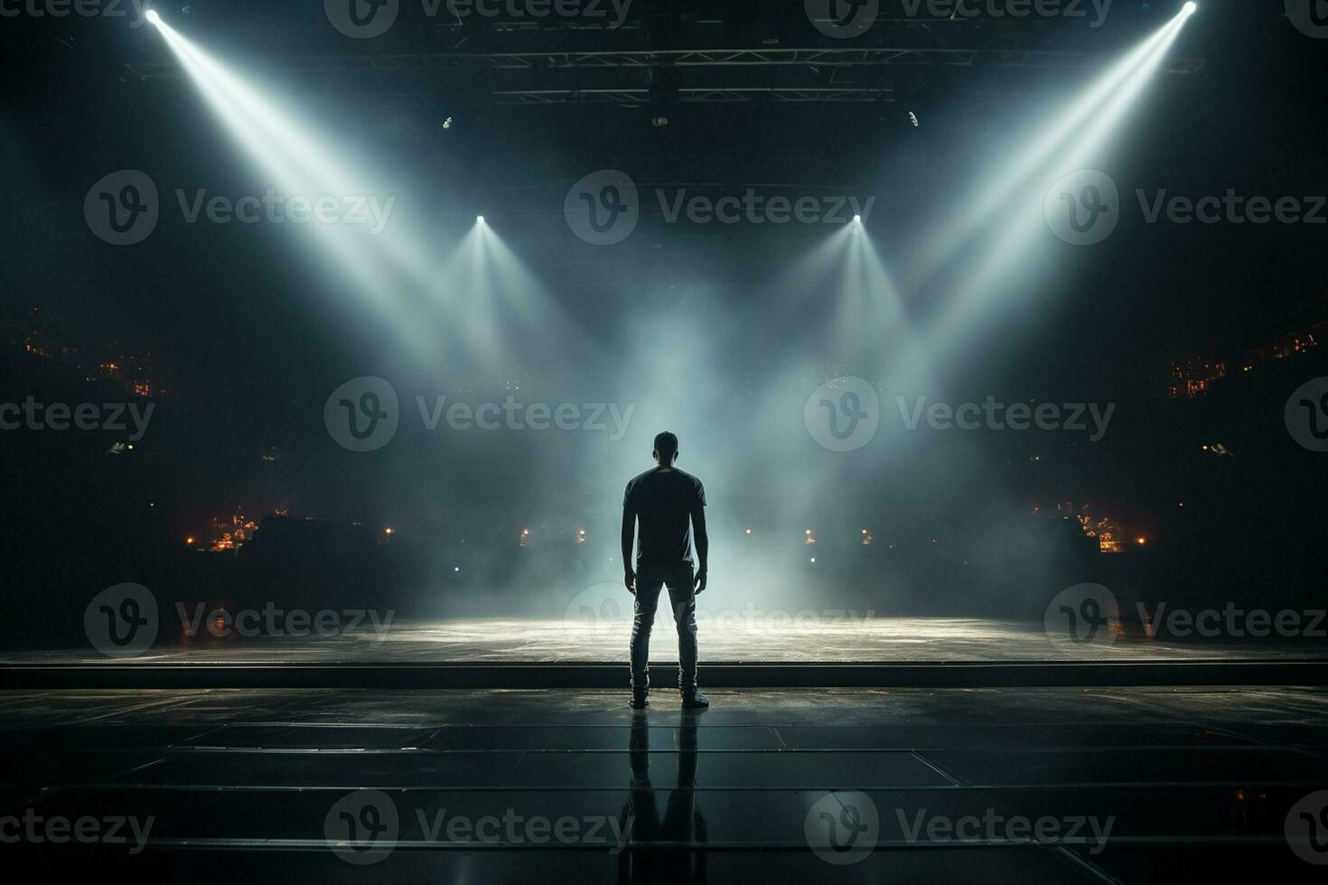 Young man standing in back of stage lights and looking at spotlights Ai Generated photo