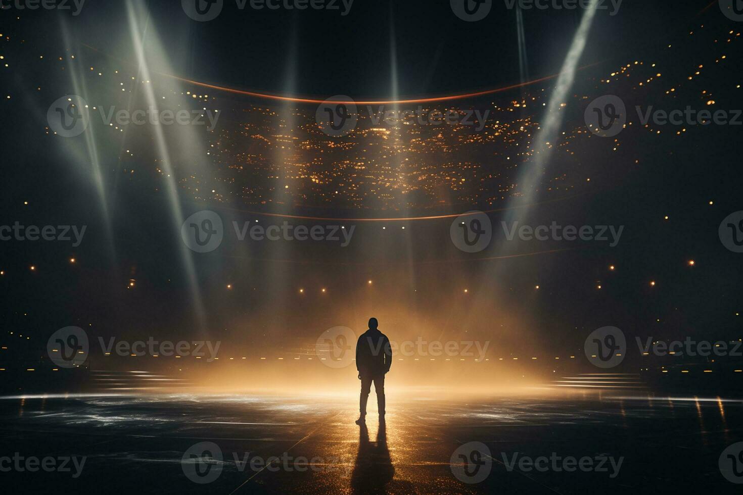 Young man standing in back of stage lights and looking at spotlights Ai Generated photo