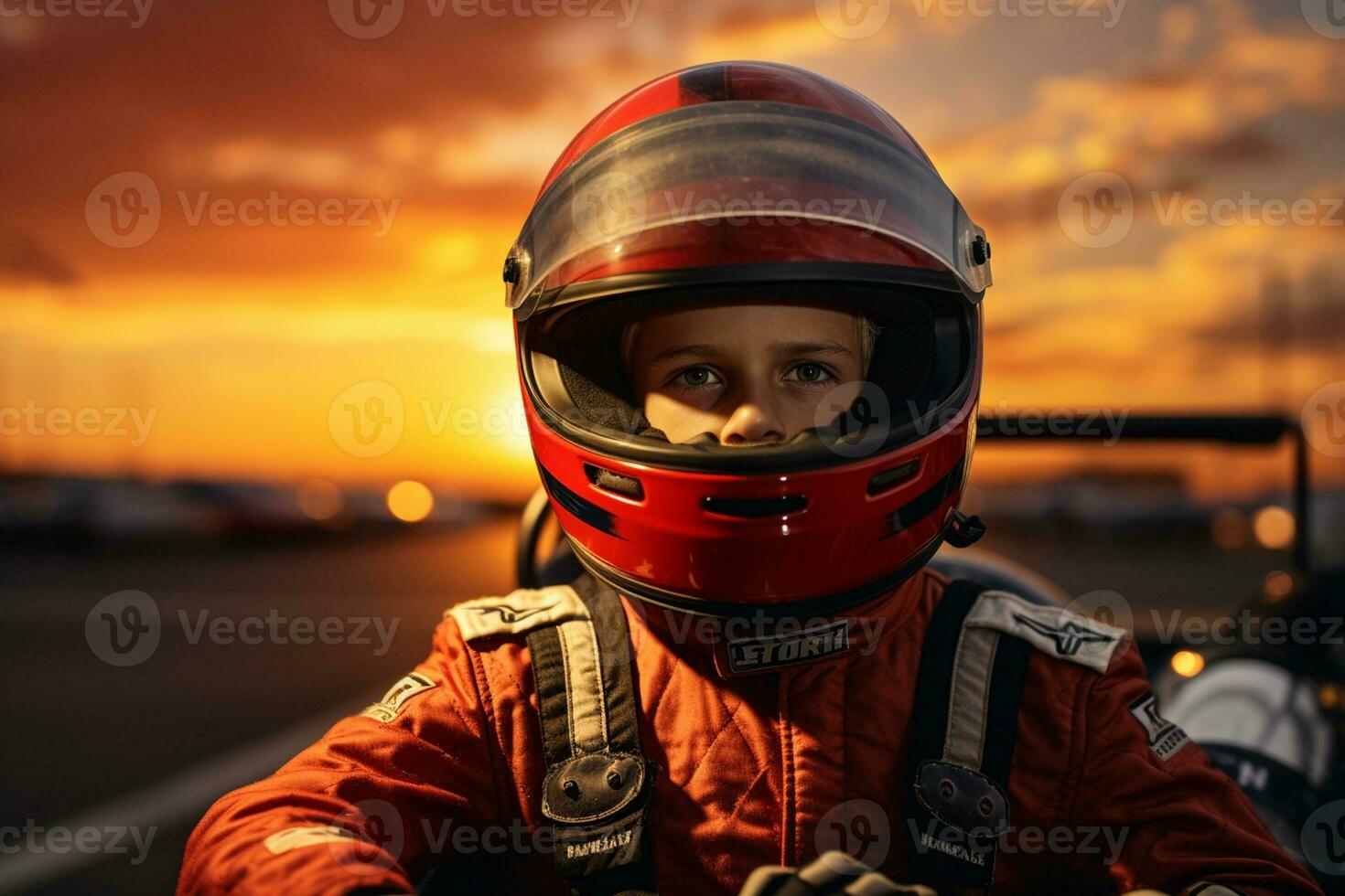 Racing driver with helmet on the background of a beautiful sunset. Ai Generated photo