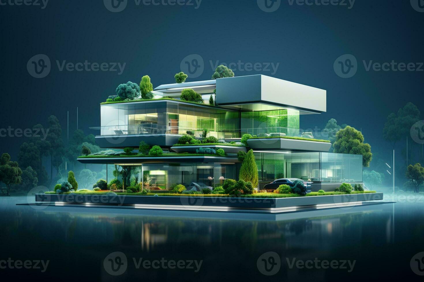 3d render of modern house with green lights on the roof. Ai Generated photo