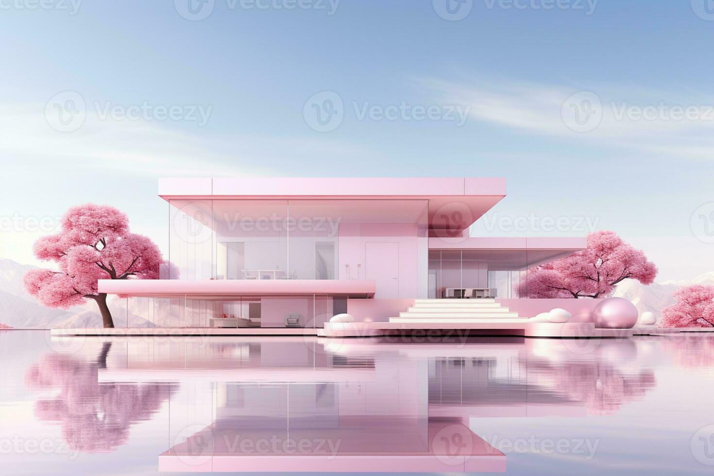 3d rendering of modern house in pink color with cherry blossoms Ai Generated photo