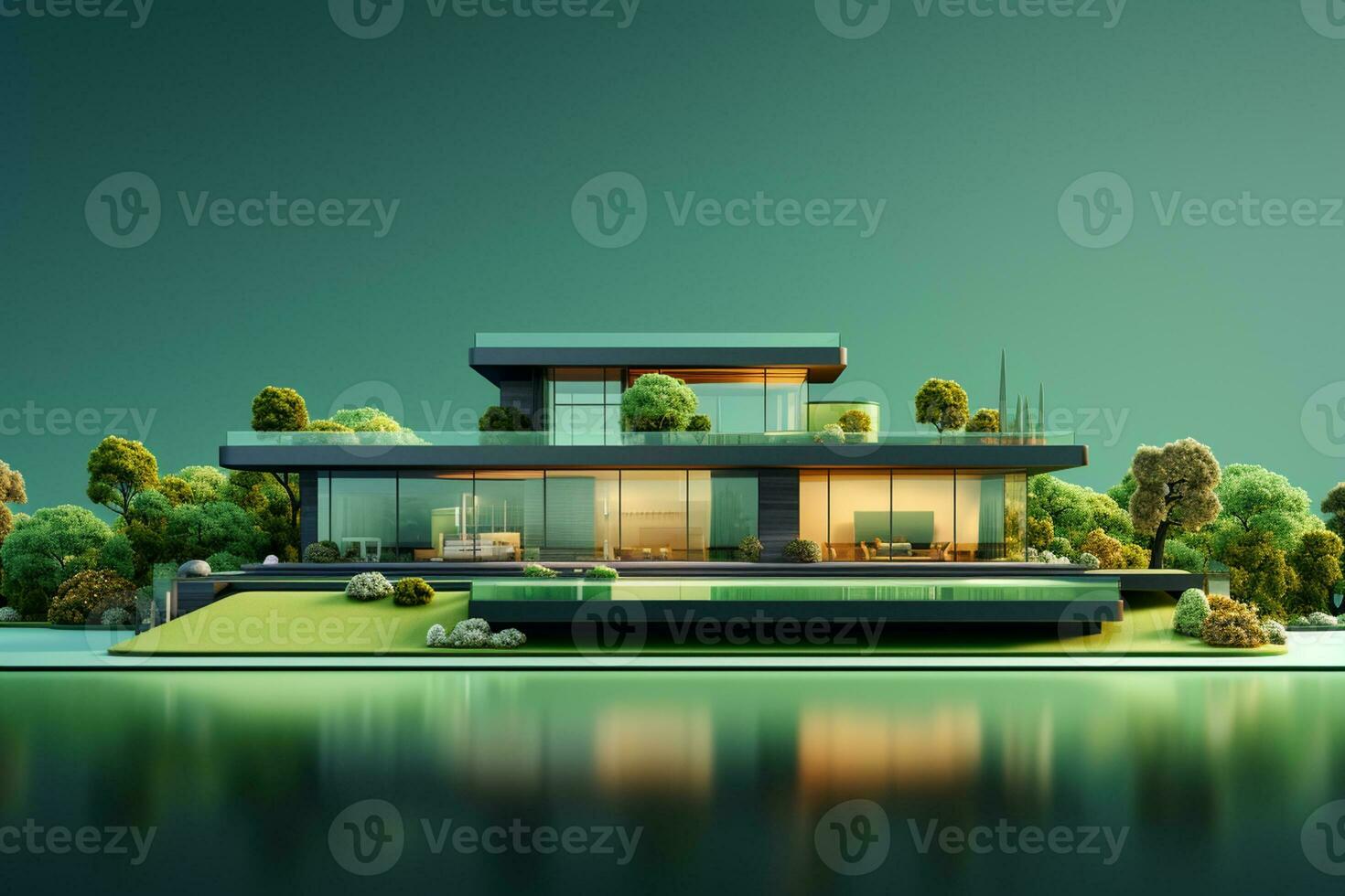 3d render of modern house with green lights on the roof. Ai Generated photo