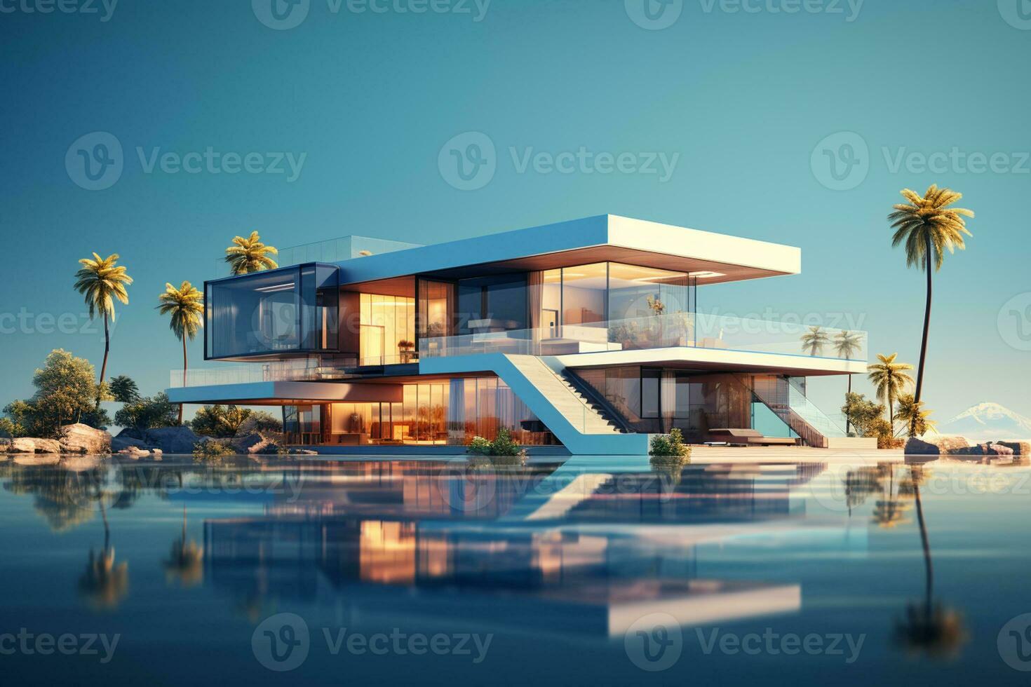 3d rendering of modern and cute cozy house with garage and pool for sale or rent with beautiful landscaping on background. Ai Generated photo