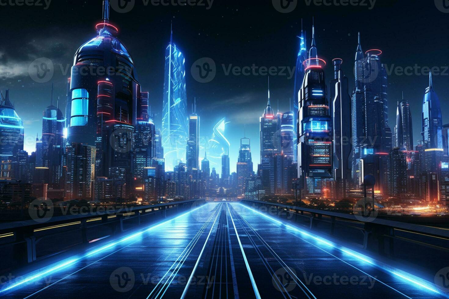 night scene of modern city with skyscrapers and reflection in water Ai Generated photo