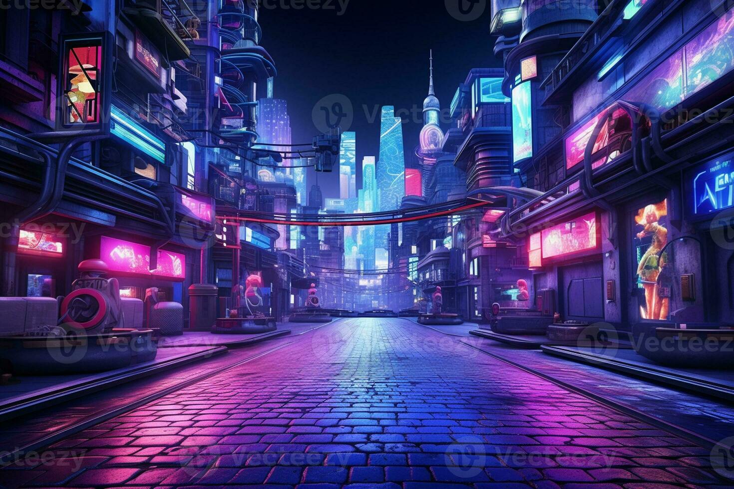 night scene of modern city with skyscrapers and reflection in water Ai Generated photo