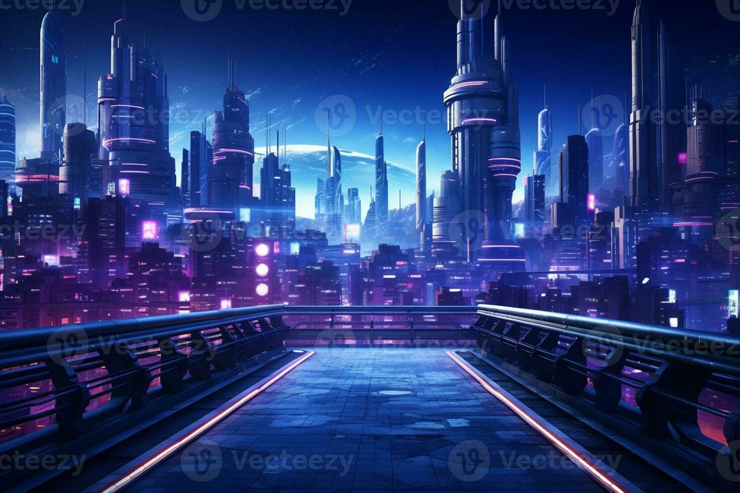 night scene of modern city with skyscrapers and reflection in water Ai Generated photo