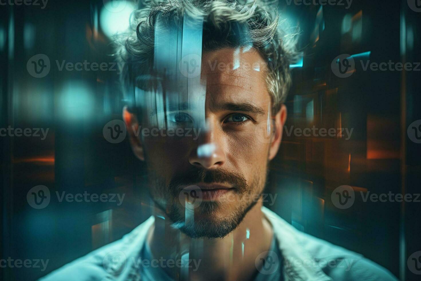 Portrait of young handsome man against night city background with binary code Ai Generated photo