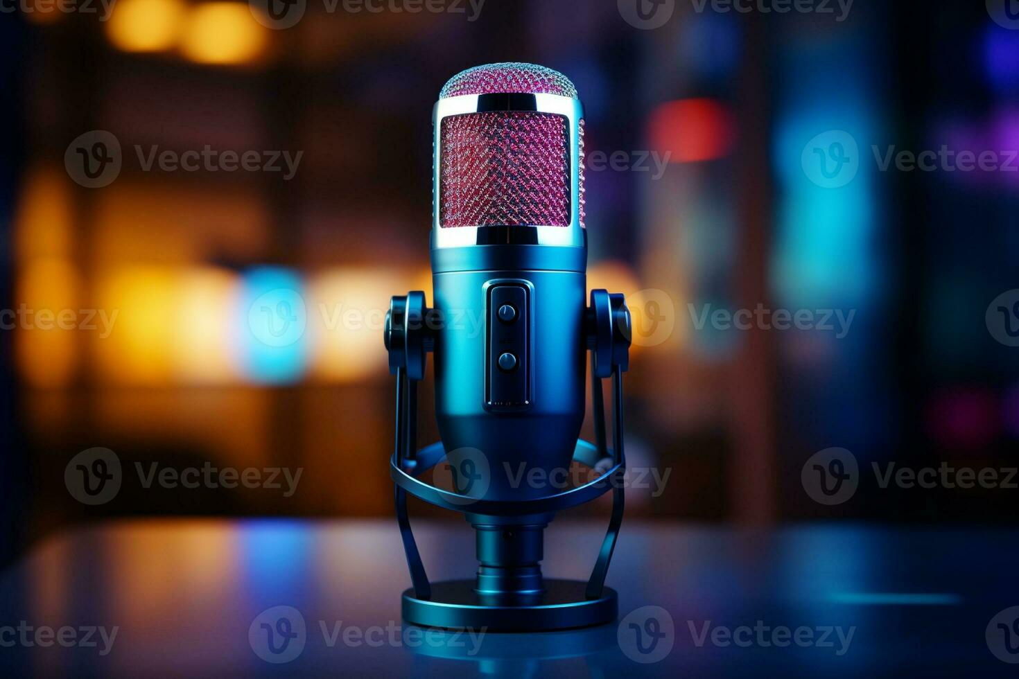 micrófono en un estar en frente de un vistoso bokeh antecedentes. 3d representación ai generado foto