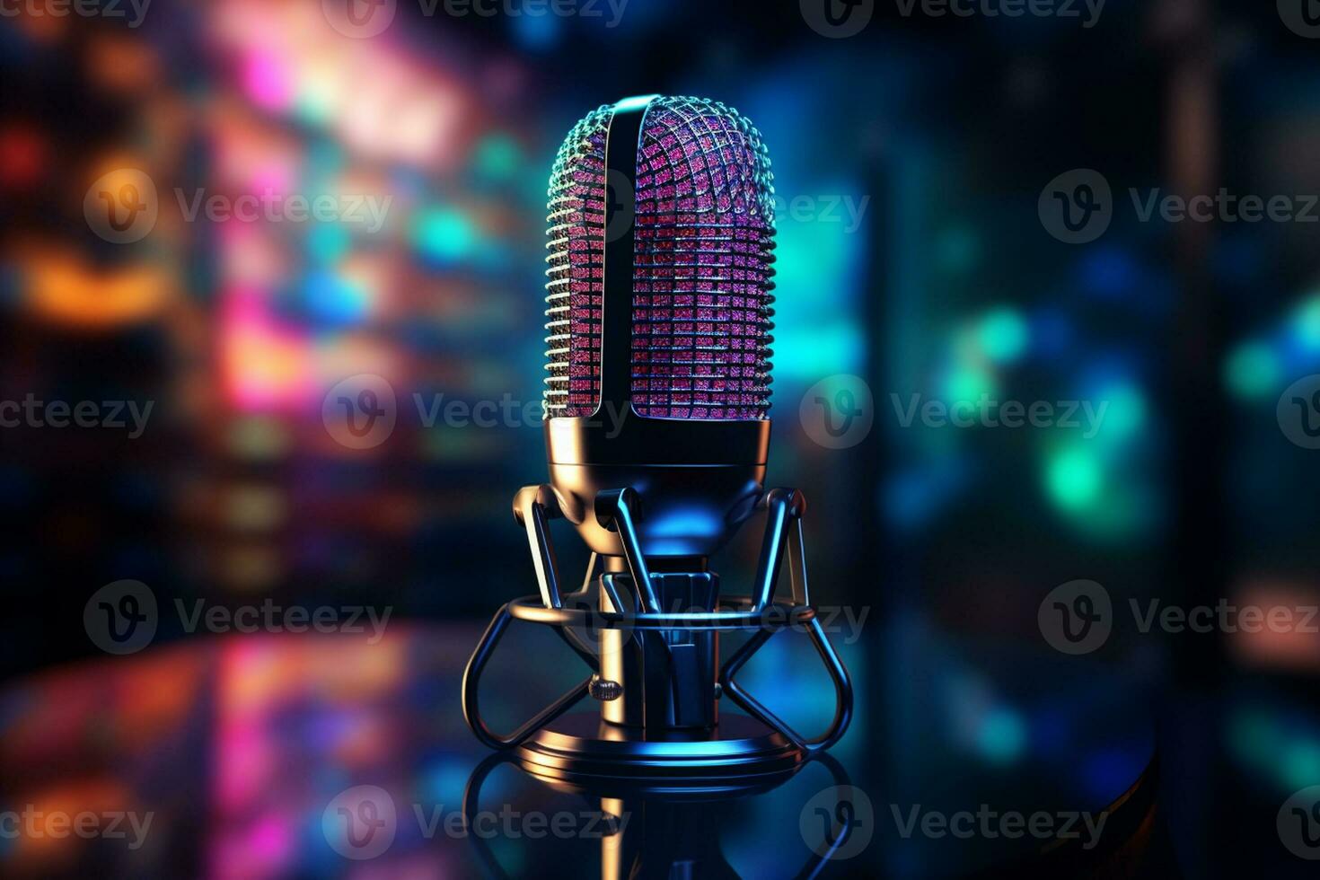 Microphone on a stand in front of a colorful bokeh background. 3d rendering Ai Generated photo