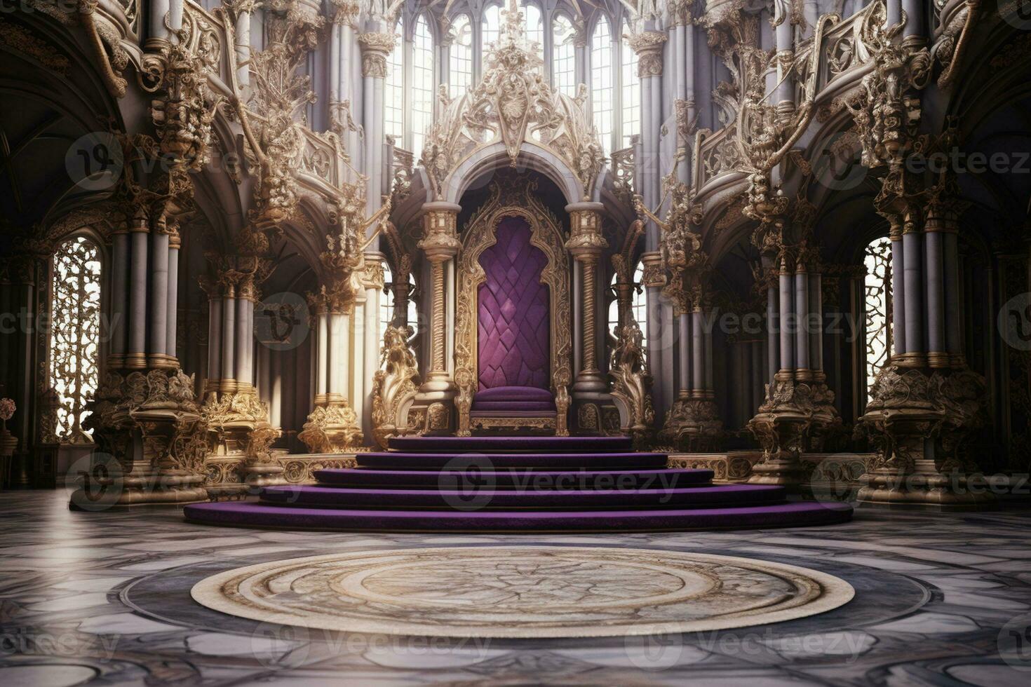 Interior of royal palace with red carpet and stairway, 3d render Ai Generated photo