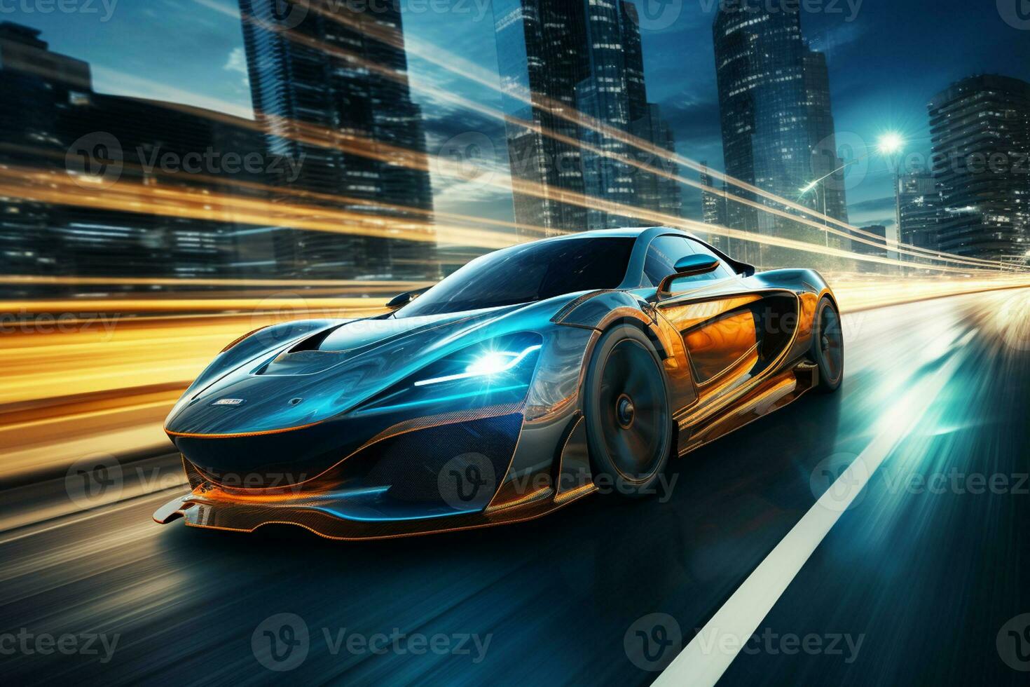 Sport car on the road with motion blur background. 3d rendering Ai Generated photo
