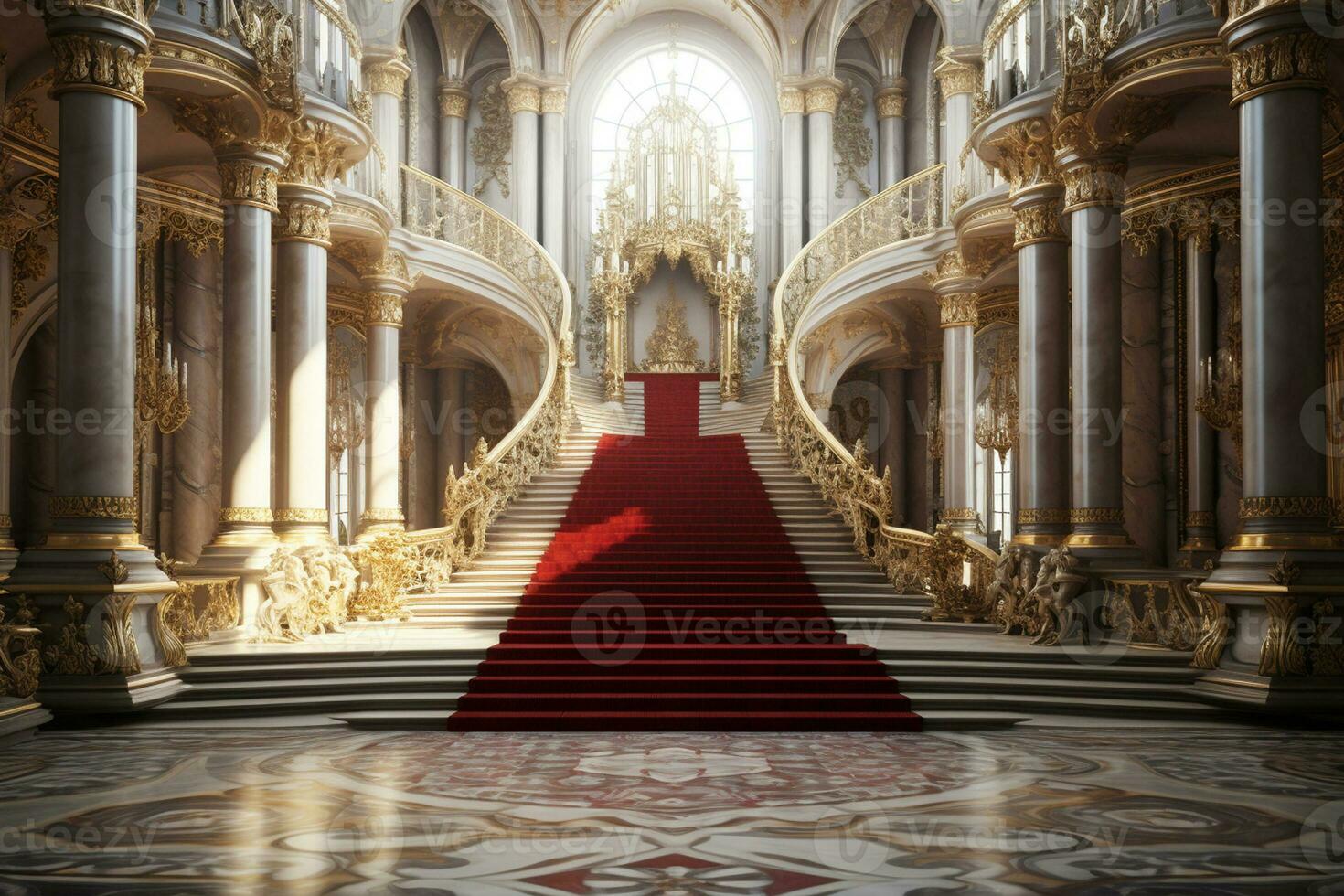 interior de real palacio con rojo alfombra y escalera, 3d hacer ai generado foto