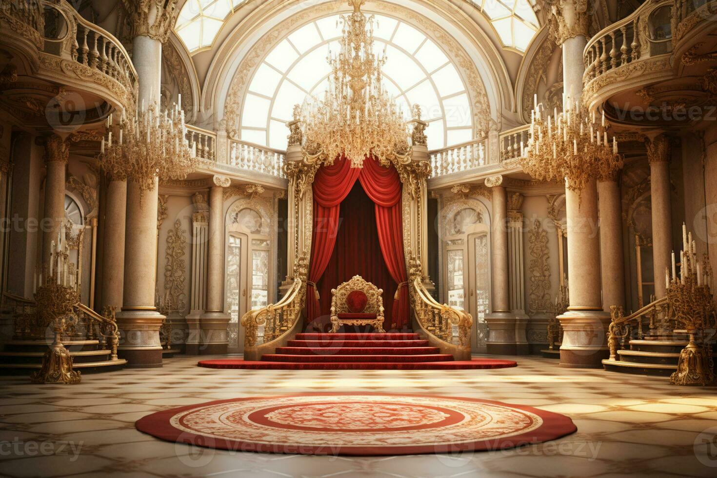 Interior of royal palace with red carpet and stairway, 3d render Ai Generated photo