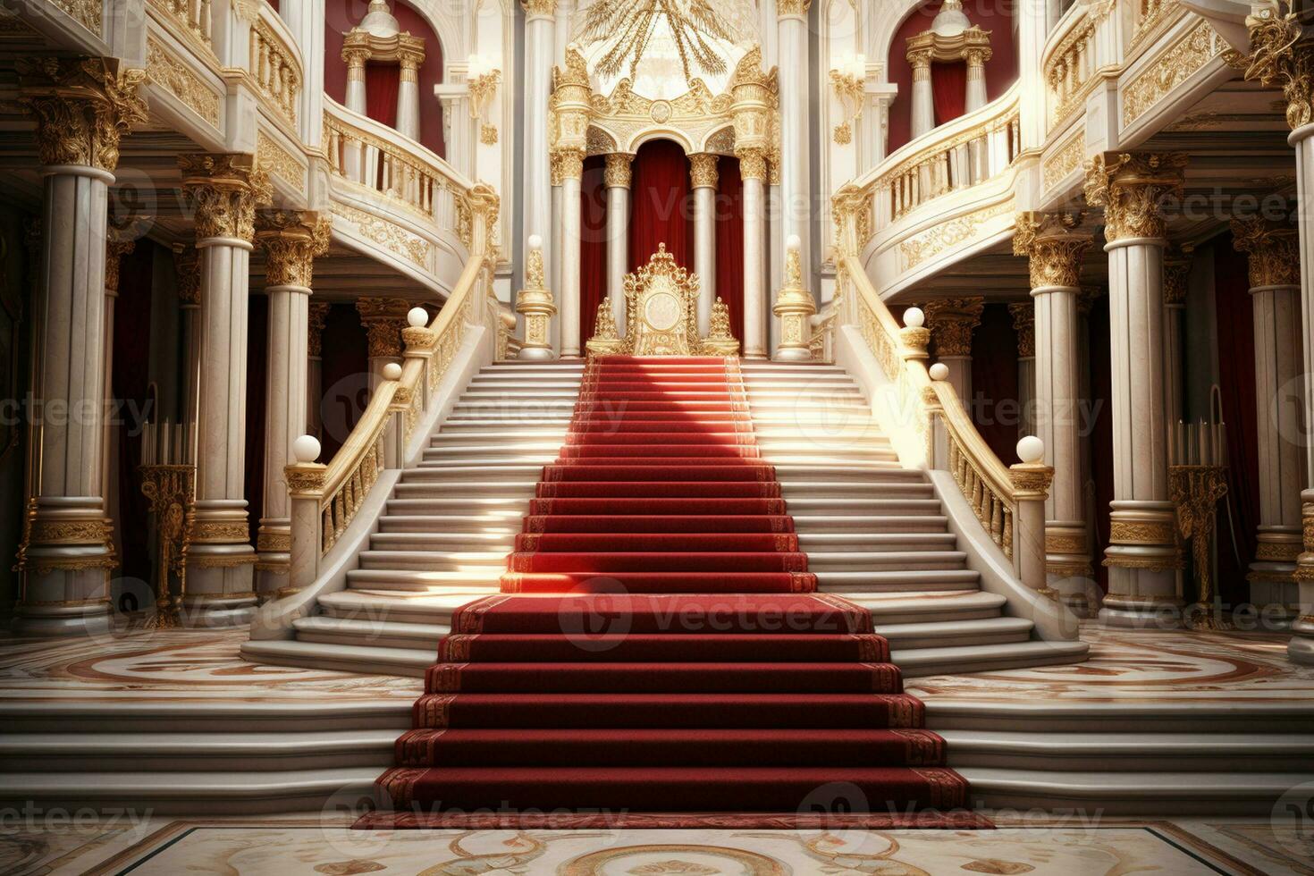 interior de real palacio con rojo alfombra y escalera, 3d hacer ai generado foto