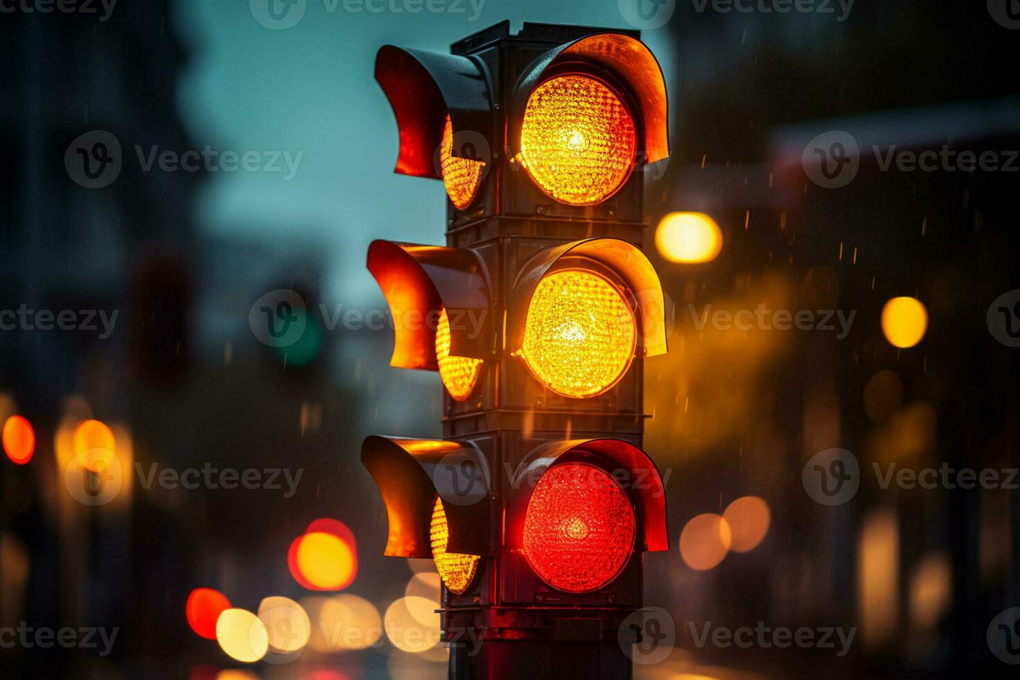 Traffic signal light on the road in the city. Blurred background. Ai Generated photo