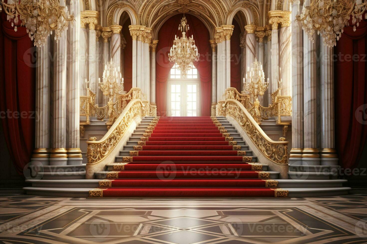 interior de real palacio con rojo alfombra y escalera, 3d hacer ai generado foto