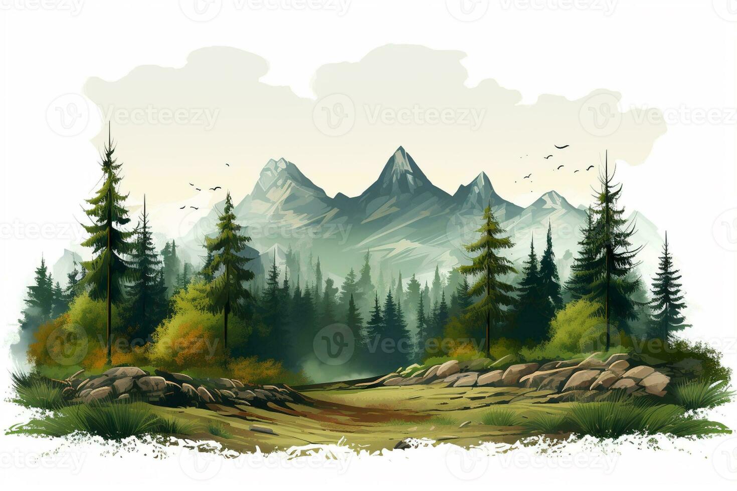 montañas y bosque en el niebla. digital cuadro. vector ilustración. ai generado foto