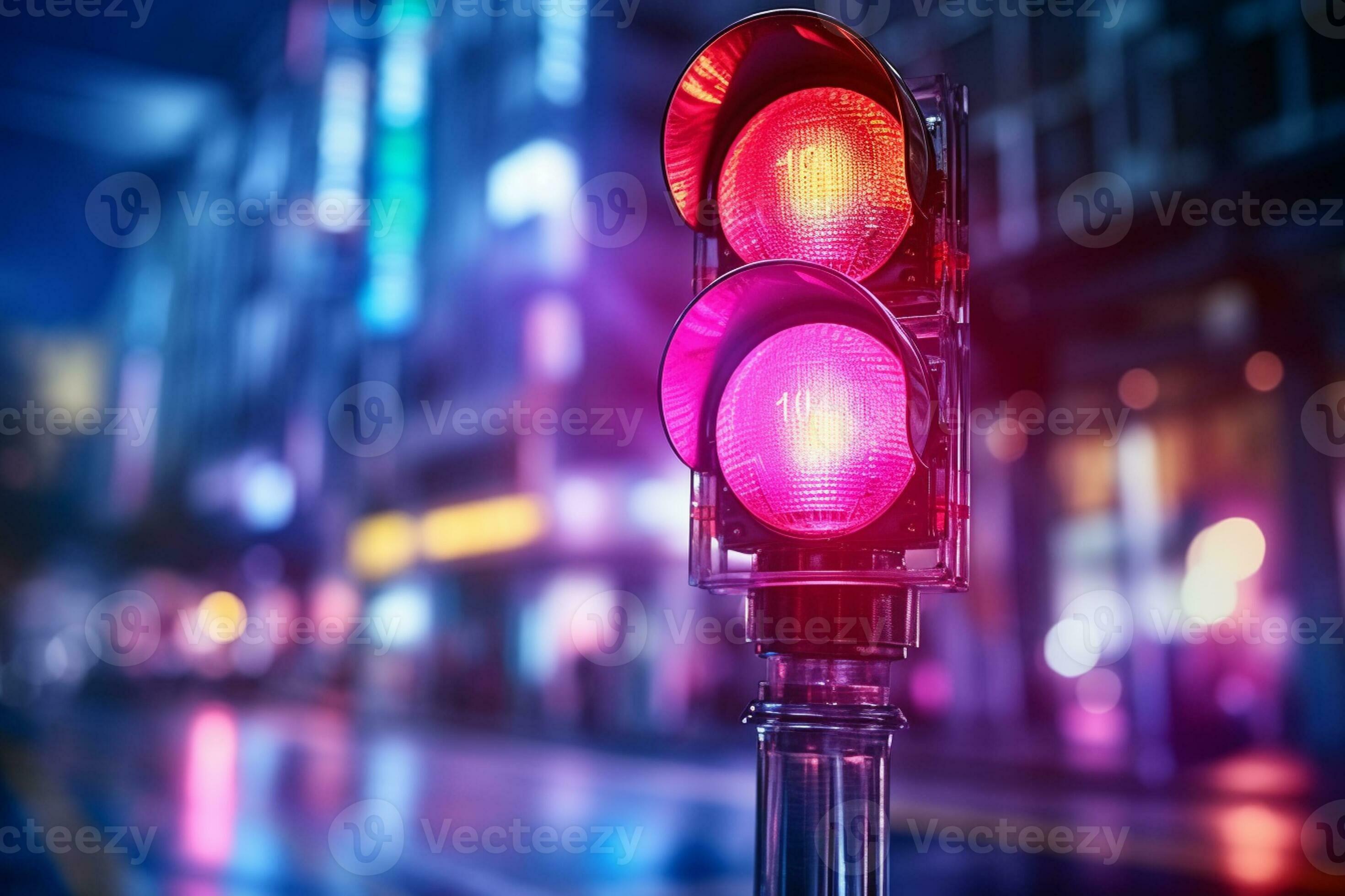 Traffic signal light on the road in the city. Blurred background. Ai