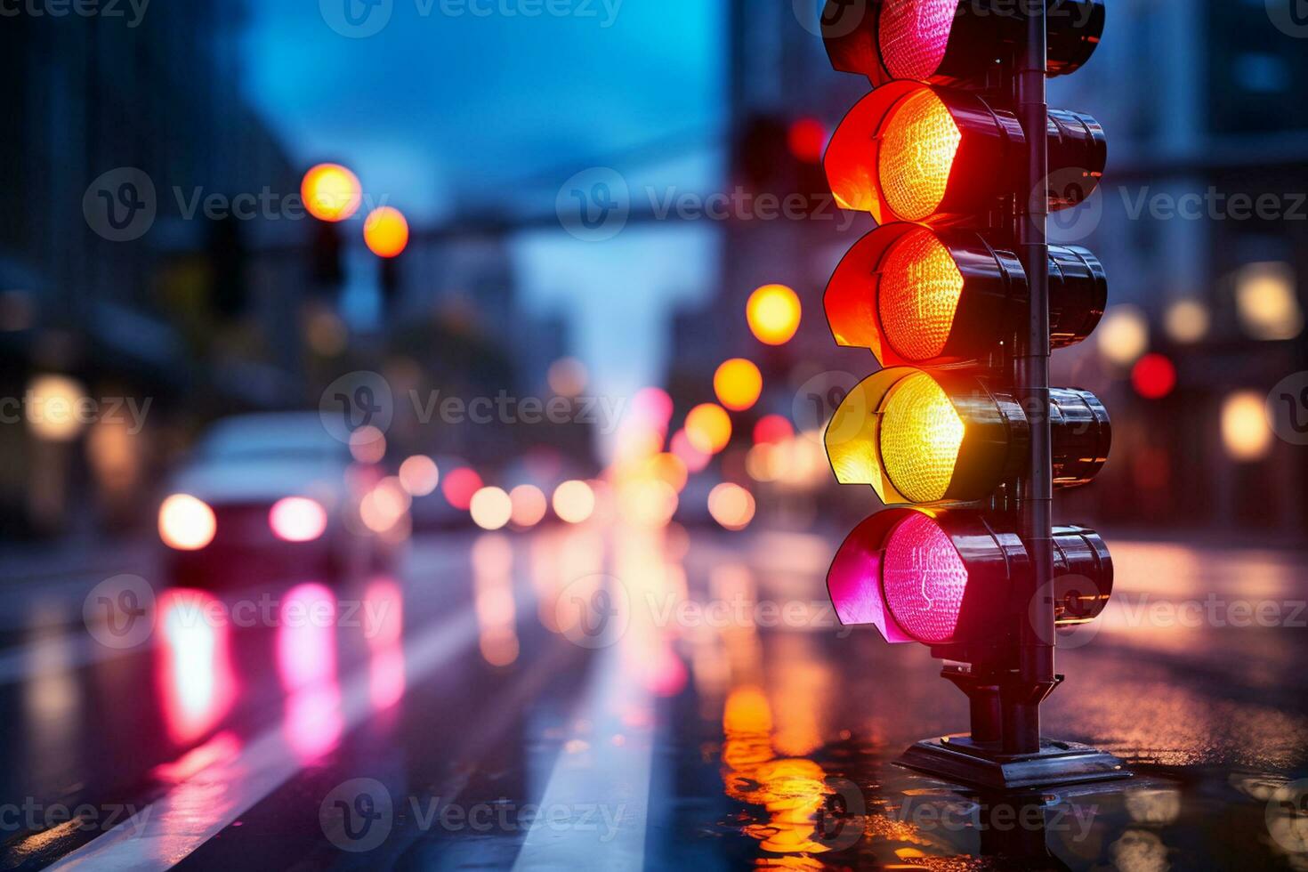 Traffic signal light on the road in the city. Blurred background. Ai Generated photo