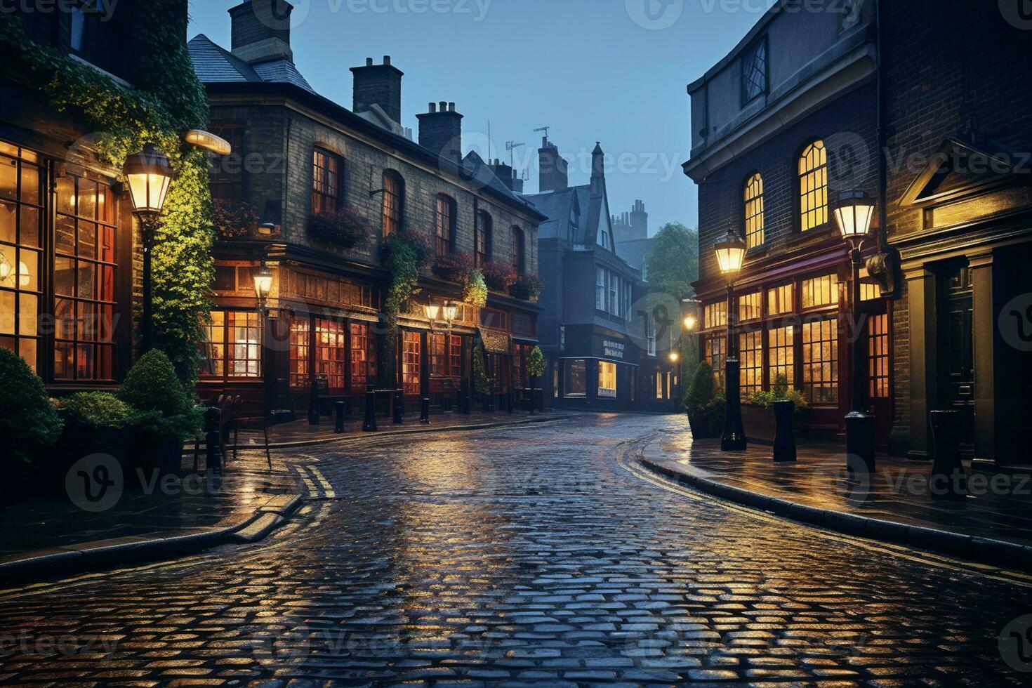 Old town street at night with fog and lights, Bruges, Belgium Ai Generated photo