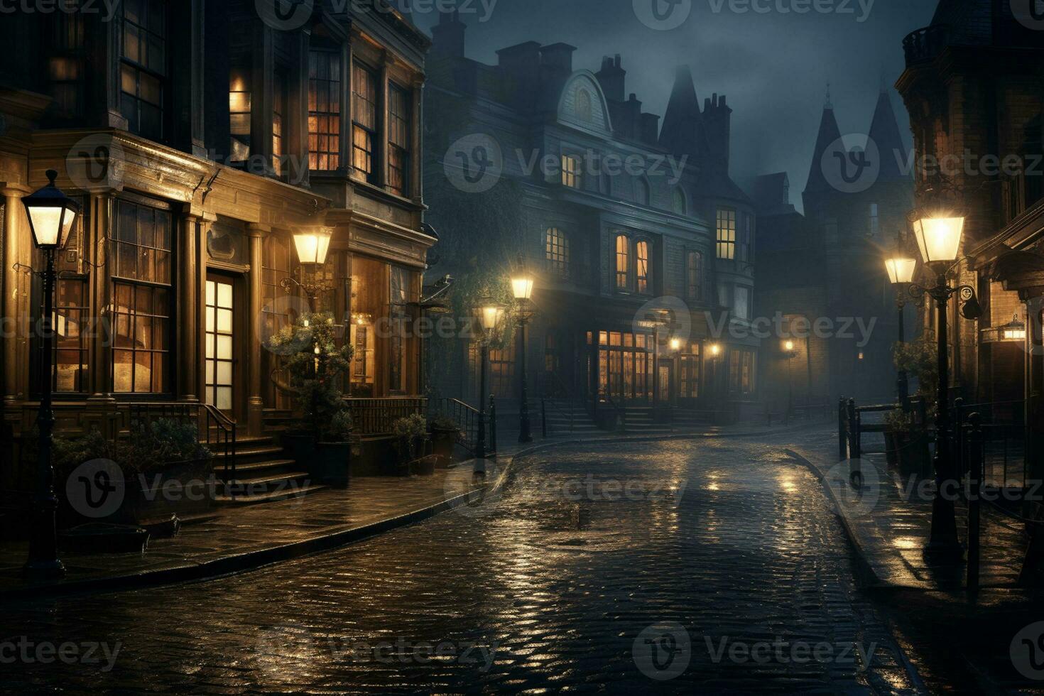 Old town street at night with fog and lights, Bruges, Belgium Ai Generated photo