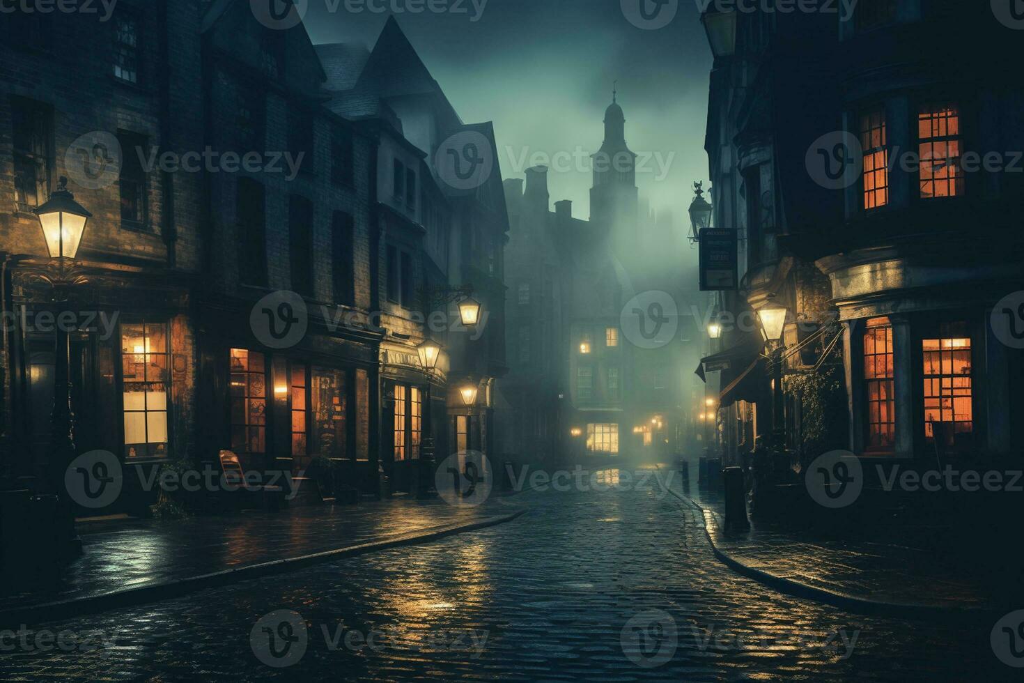 Old town street at night with fog and lights, Bruges, Belgium Ai Generated photo